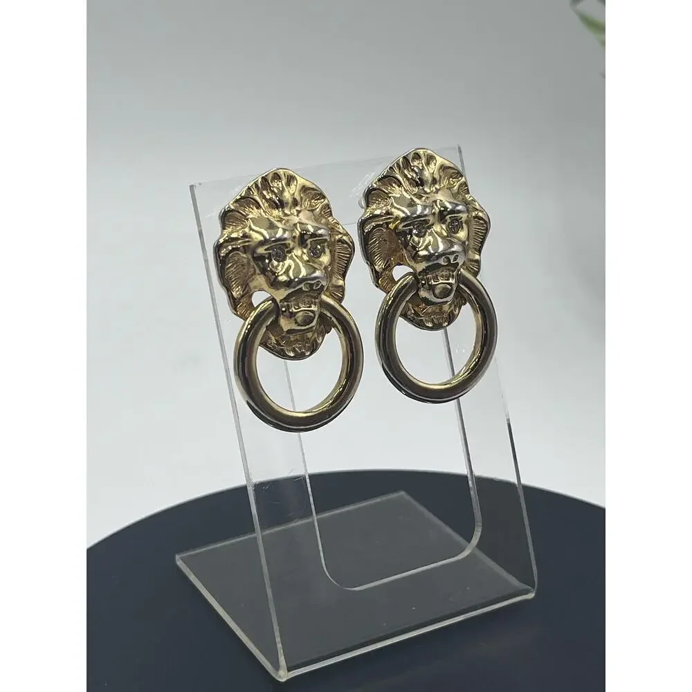 Kenneth Jay Lane Vintage 
Lionhead Doorknocker Rhinestone Eyes‎ Earrings - Picture 4 of 14